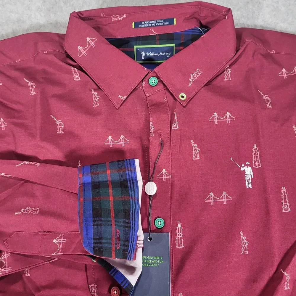 William Murray Tis The‎ Season Long Sleeve Button Up Shirt Mens Large Cranberry - Picture 1 of 9